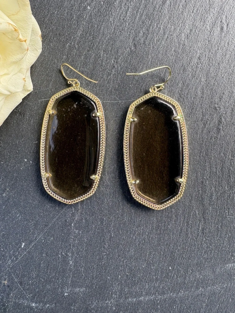 Kendra Scott Danielle Drop Earrings Translucent Smoky Glass Gold Statement HTF